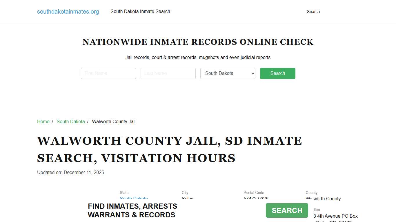 Walworth County Jail, SD Inmate Search, Visitation Hours